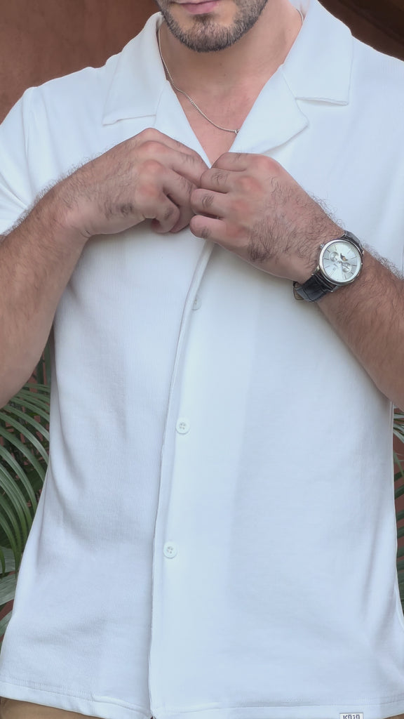 Mens Resort Style White Cuban Collar Shirt and Beige Shorter Length Chino Shorts