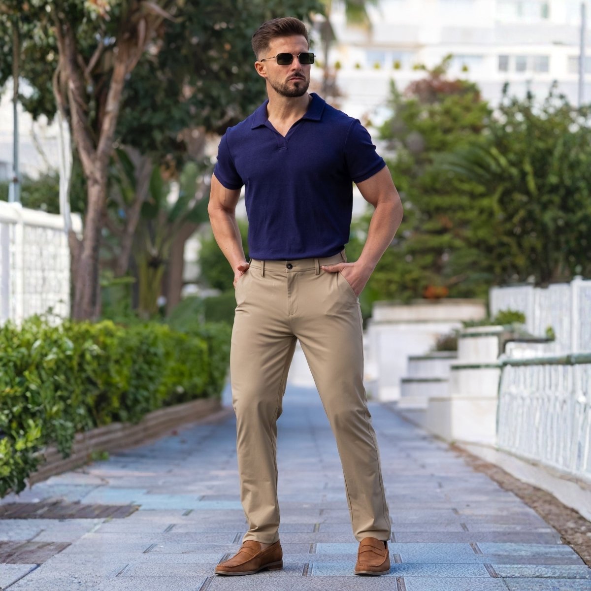 Mens Navy Polo and brown chino pants muscle fit outfit | Kojo Fit