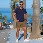 Mens Athletic Fit Polo shirt with brown chino shorts summer outfit style by kojo fit