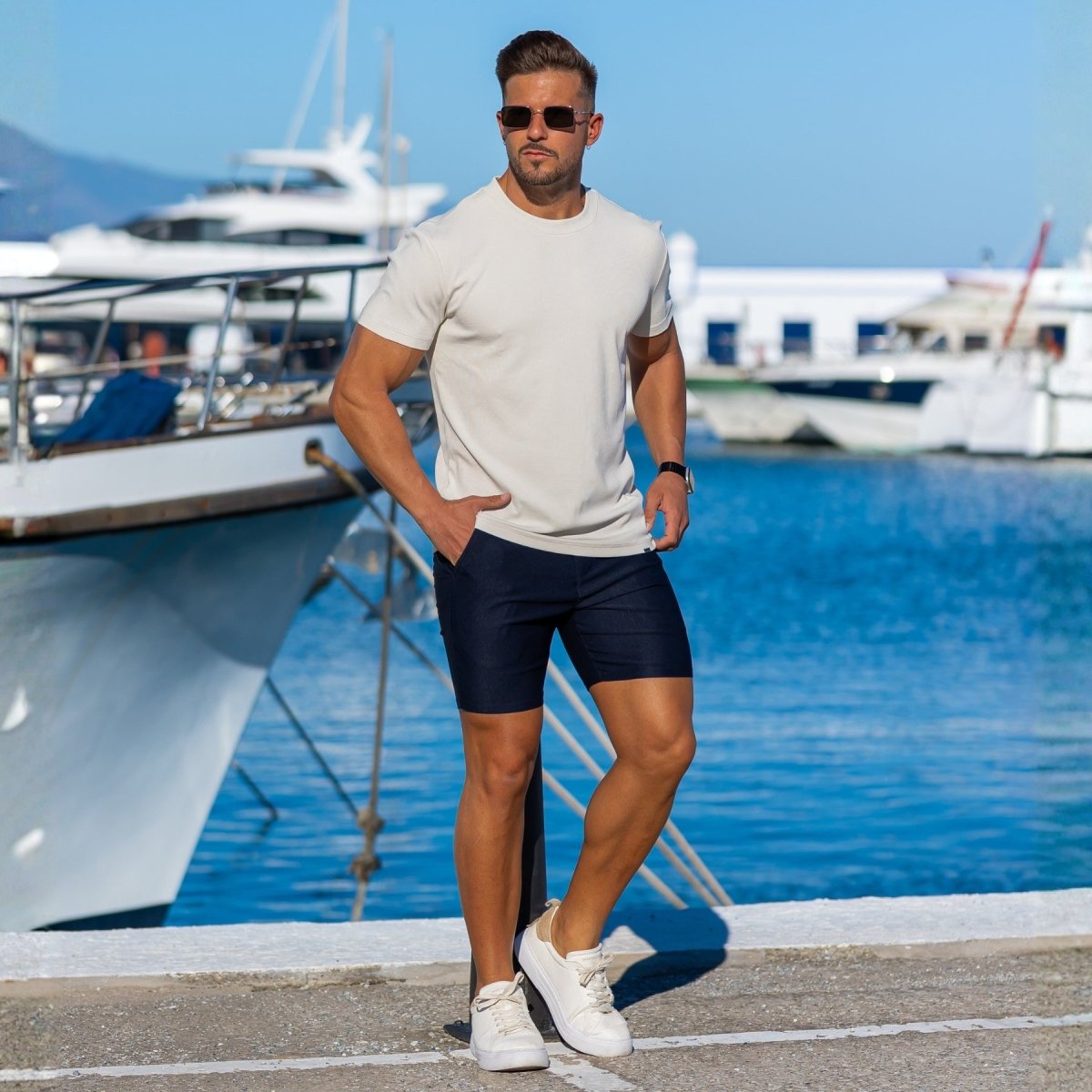 Stylish Stone Fitted tee with navy slim fit chino shorts 