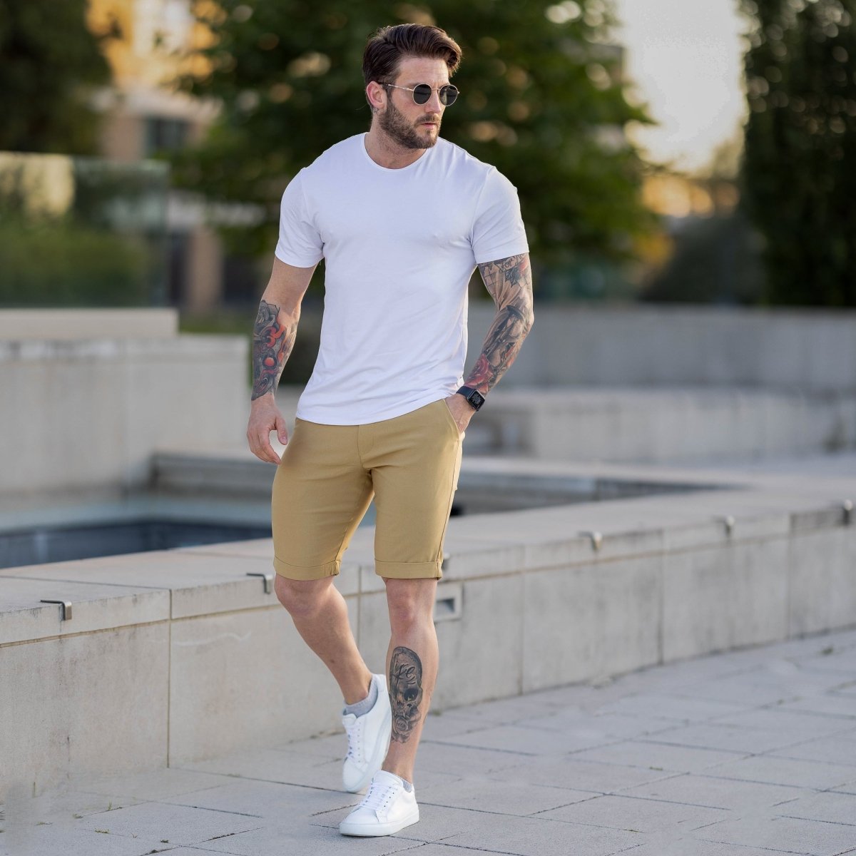 Mens Beige Stretch Chino Shorts | Slim Fit Formal Shorts Brown, 40 Mens Beige Stretch Chino Shorts | Slim Fit Formal Shorts Brown, 40