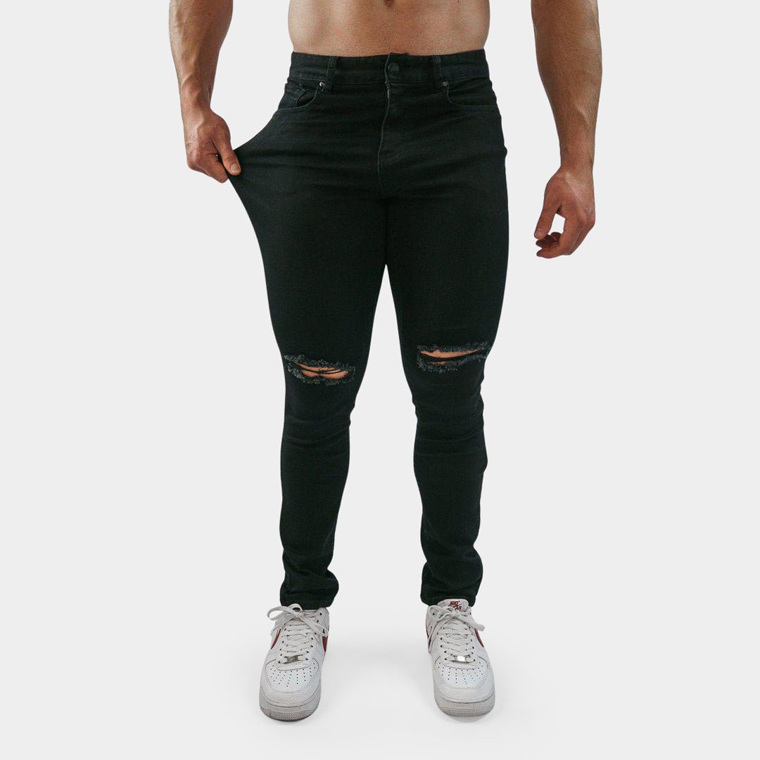 Black Knee Rips Slim Muscle Fit Jeans | KOJO FIT – Kojo Fit