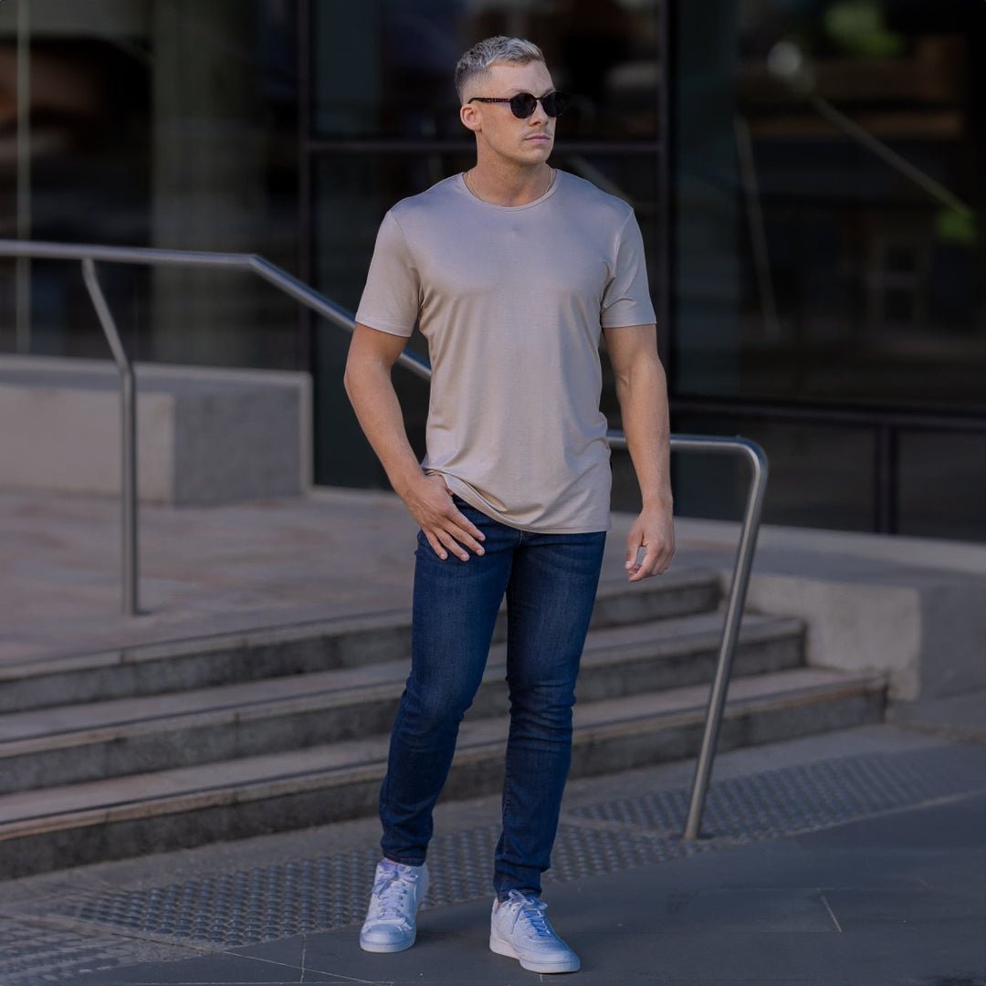 Mens Athletic Fit Dark Blue Stretch Denim Jeans