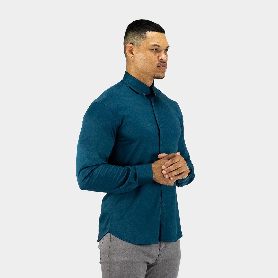 Mens Slim Fit Long Sleeve Dress Shirt - Teal - Muscle Fit Stretch Button Up Shirt, XL Mens Slim Fit Long Sleeve Dress Shirt - Teal - Muscle Fit Stretch Button Up Shirt, XL