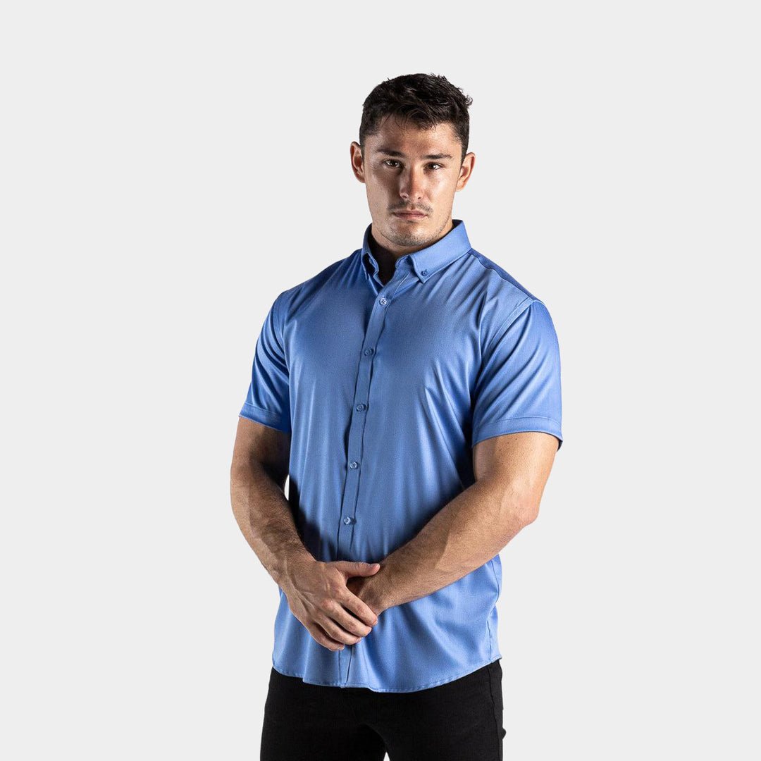 Mens Blue Athletic Fit Bamboo Satin Stretch Short Sleeve Shirt