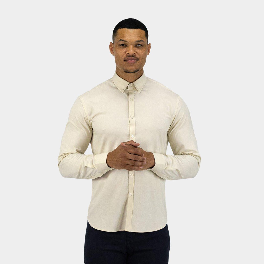 Mens Cream Muscle Fit Button Down Shirt