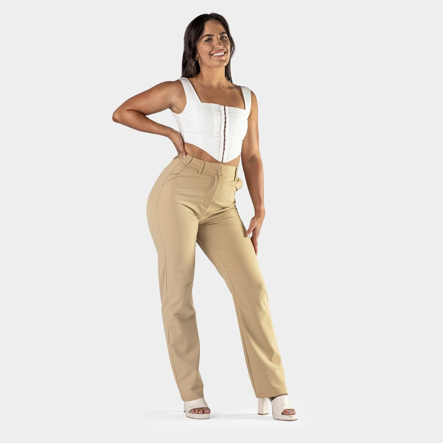 Womens Beige Straight Leg Stretch Pants Kojo Fit Kojo Fit