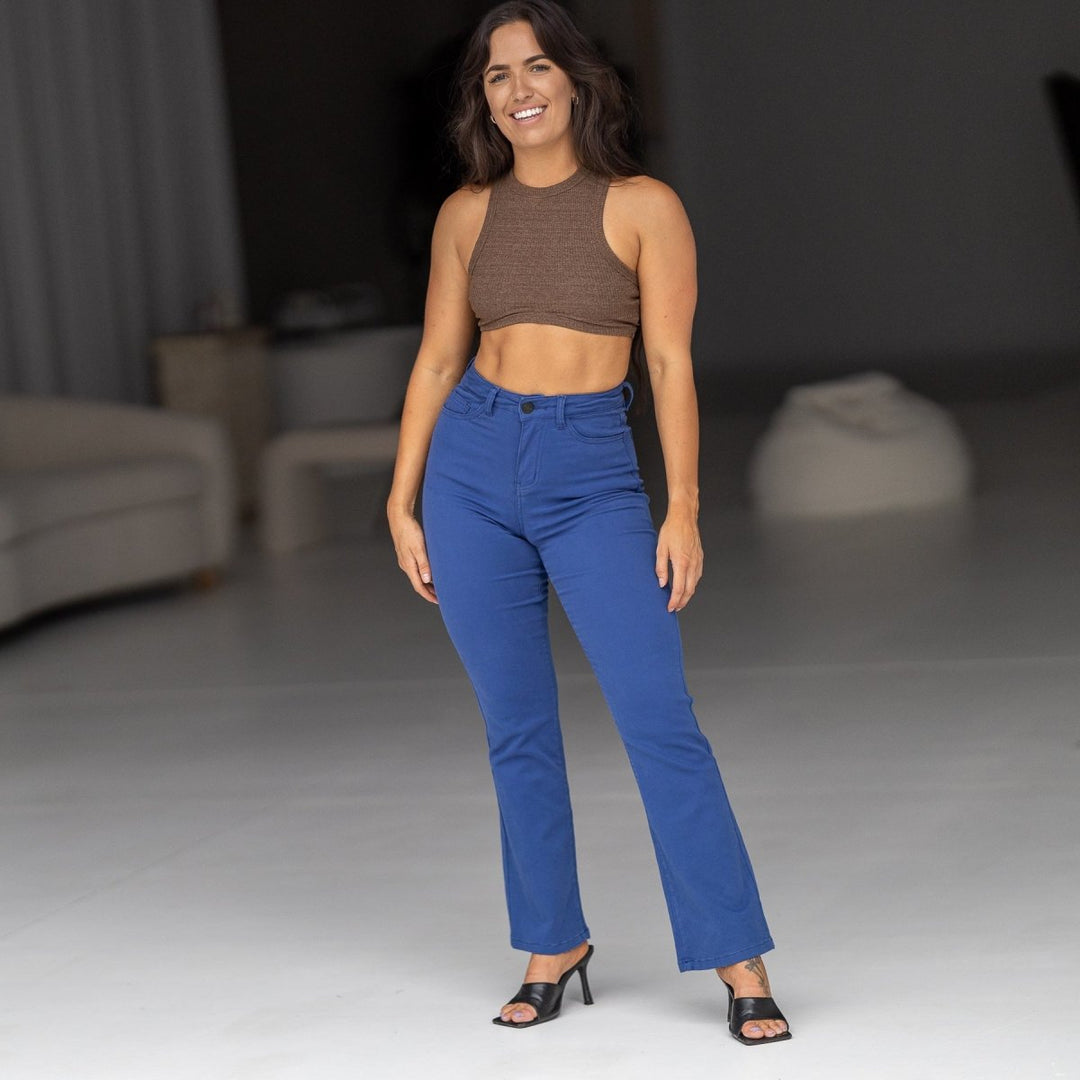 Womens Cobalt Blue Flared High Waist Jeans Kojo Fit Kojo Fit