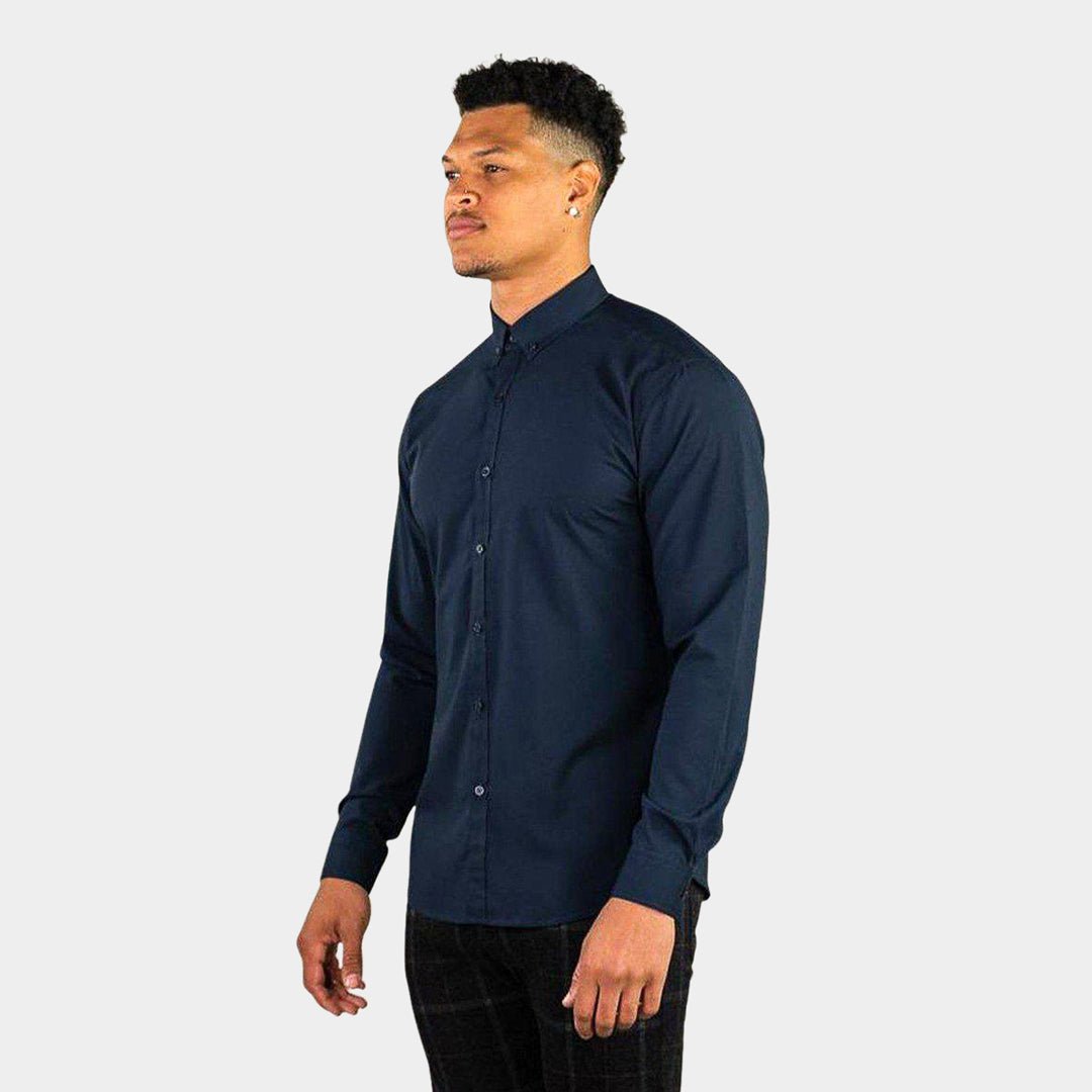 Mens Navy Muscle Fit Long Sleeve Shirt Bamboo Stretch