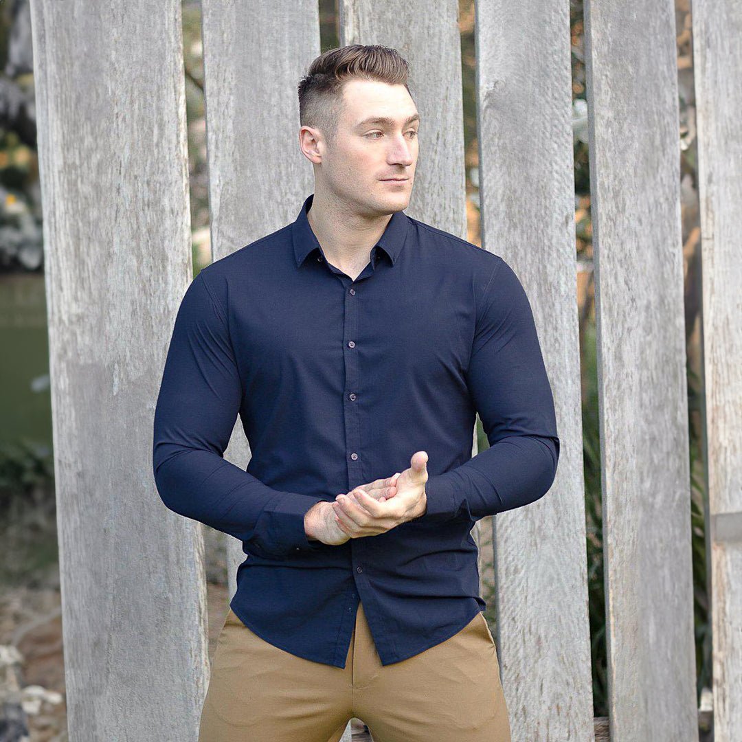 Mens Slim Fit Stretch Dress Shirt - Navy - Bamboo Business Shirt for Athletic Men, Xs Mens Slim Fit Stretch Dress Shirt - Navy - Bamboo Business Shirt for Athletic Men, Xs