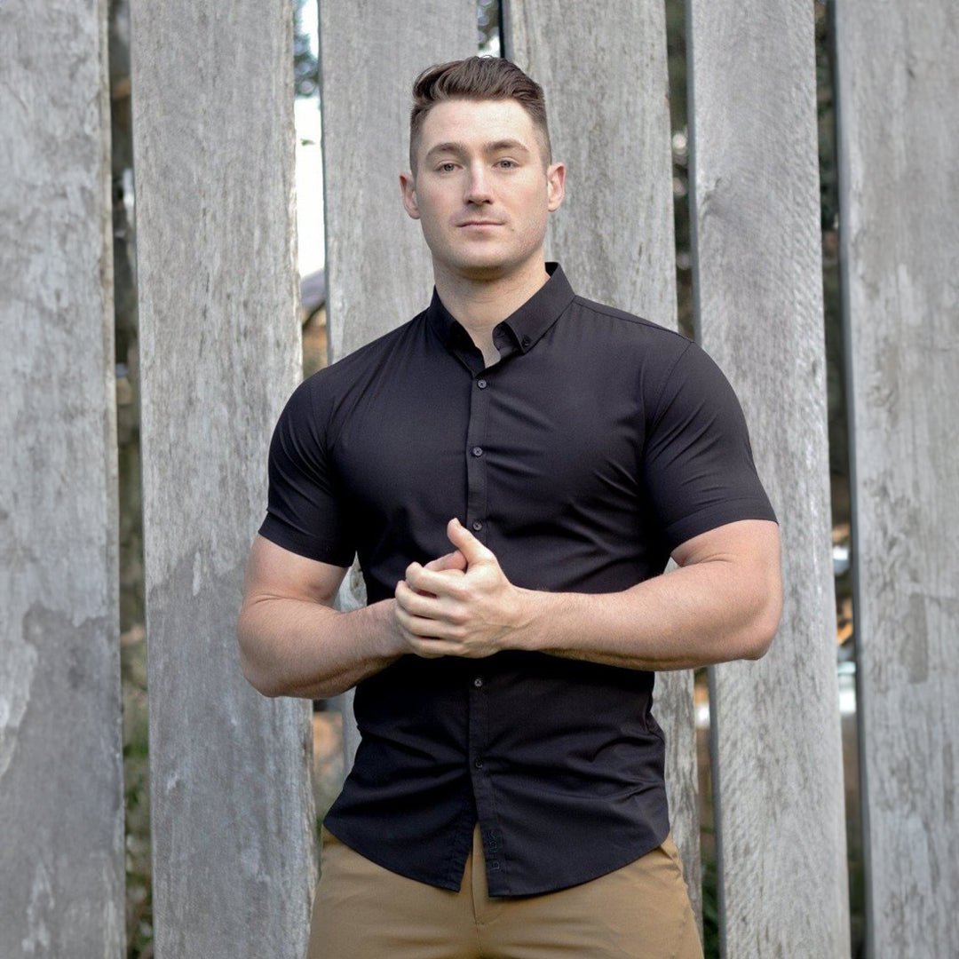 Mens Slim Fit Short Sleeve Dress Shirt - Black - Athletic Fit Stretch Shirt for Men, Xs Mens Slim Fit Short Sleeve Dress Shirt - Black - Athletic Fit Stretch Shirt for Men, Xs