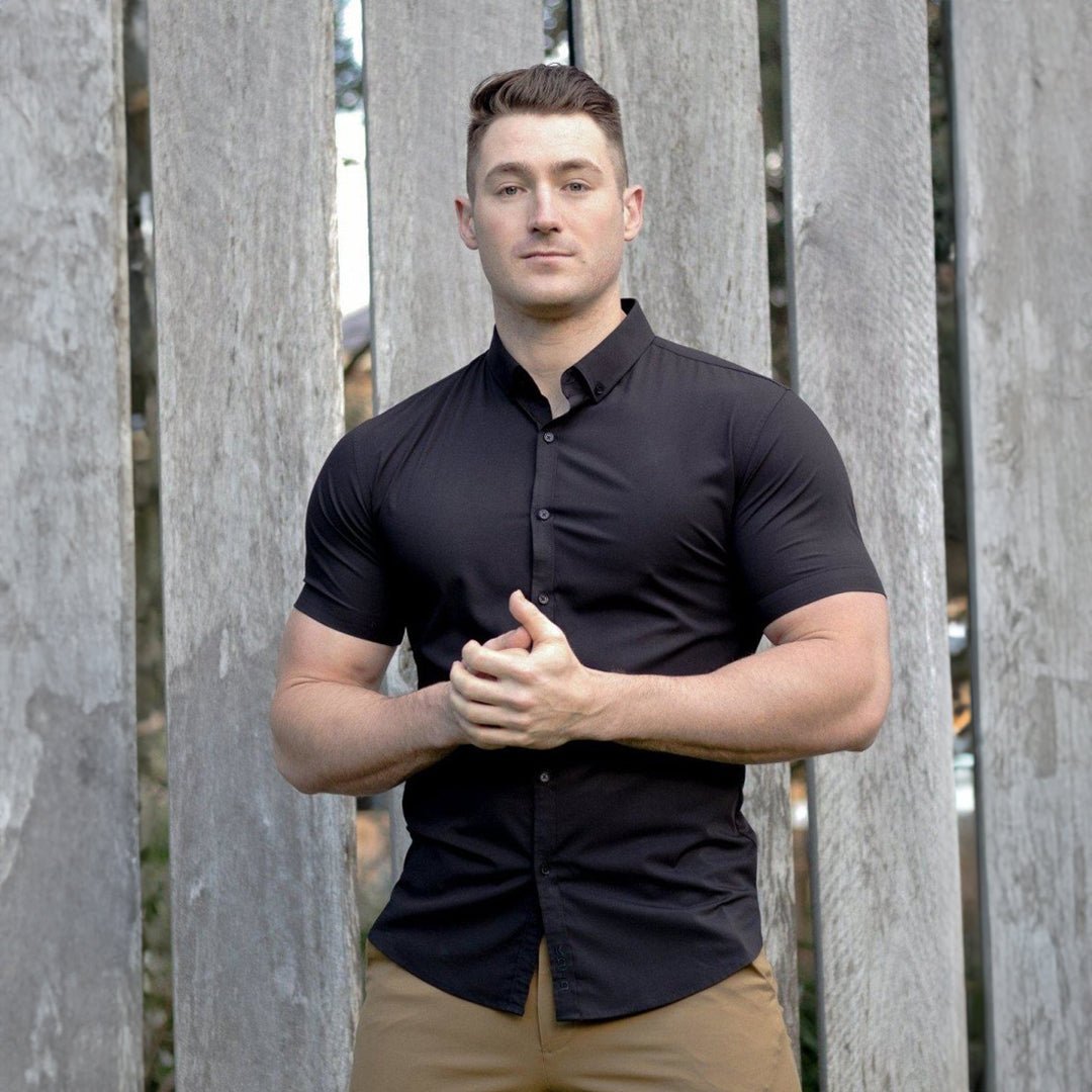 Black Muscle Fit Short Sleeve Button Up Shirt