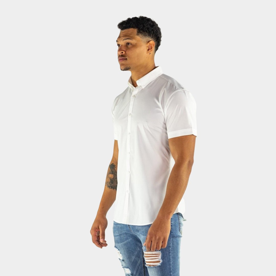 White Short Sleeve Bodybuilder Fit Button Up Shirt