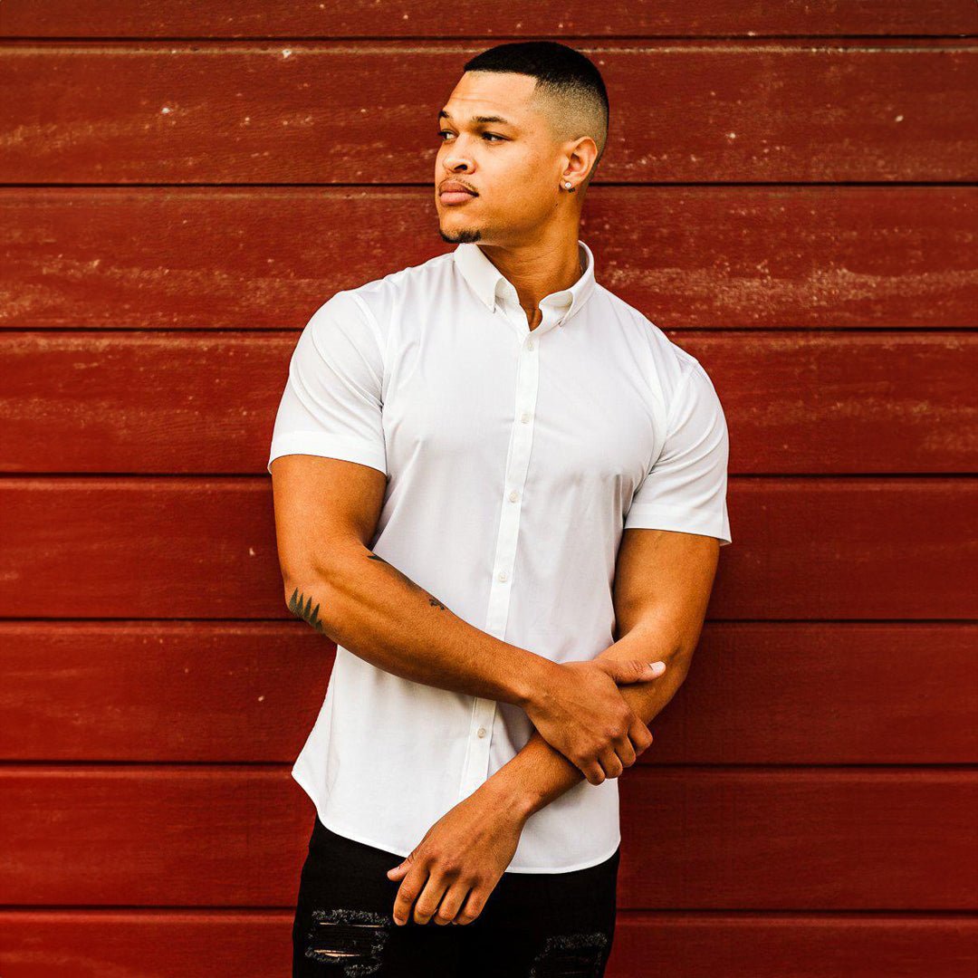 short sleeve dress shirts for bodybuilders Navy Short Sleeve Muscle Fit Shirt for Athletes