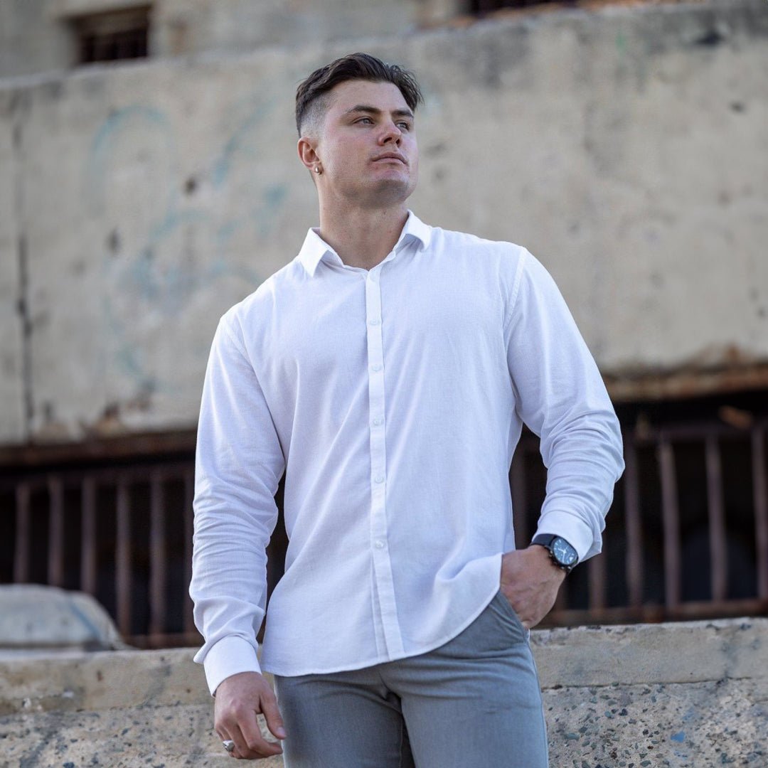 Mens Stretch Linen White Button Up Shirt