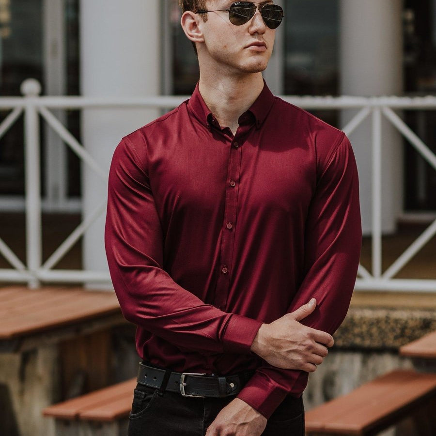 Burgundy Bamboo Stretch Athletic Fit Dress Shirt | Kojo Fit