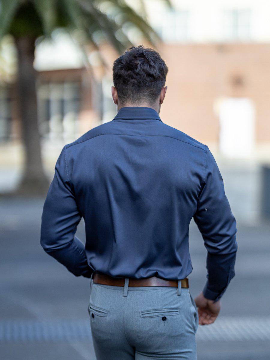 Charcoal Grey Tapered Fit Bamboo Satin Silk Stretch Formal Muscle Shirt | Kojo Fit