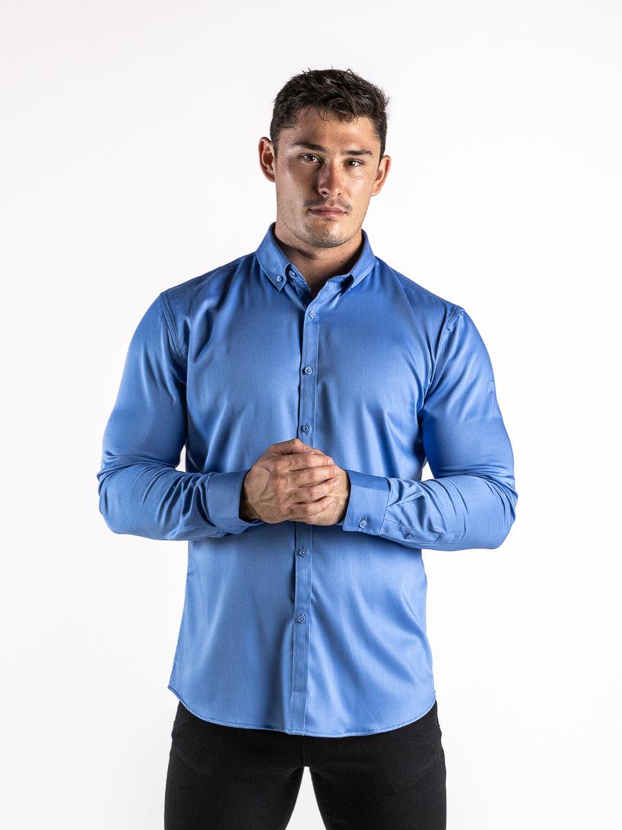 Return Sale - Bamboo Satin Stretch Shirt - Cobalt Blue - Kojo Fit