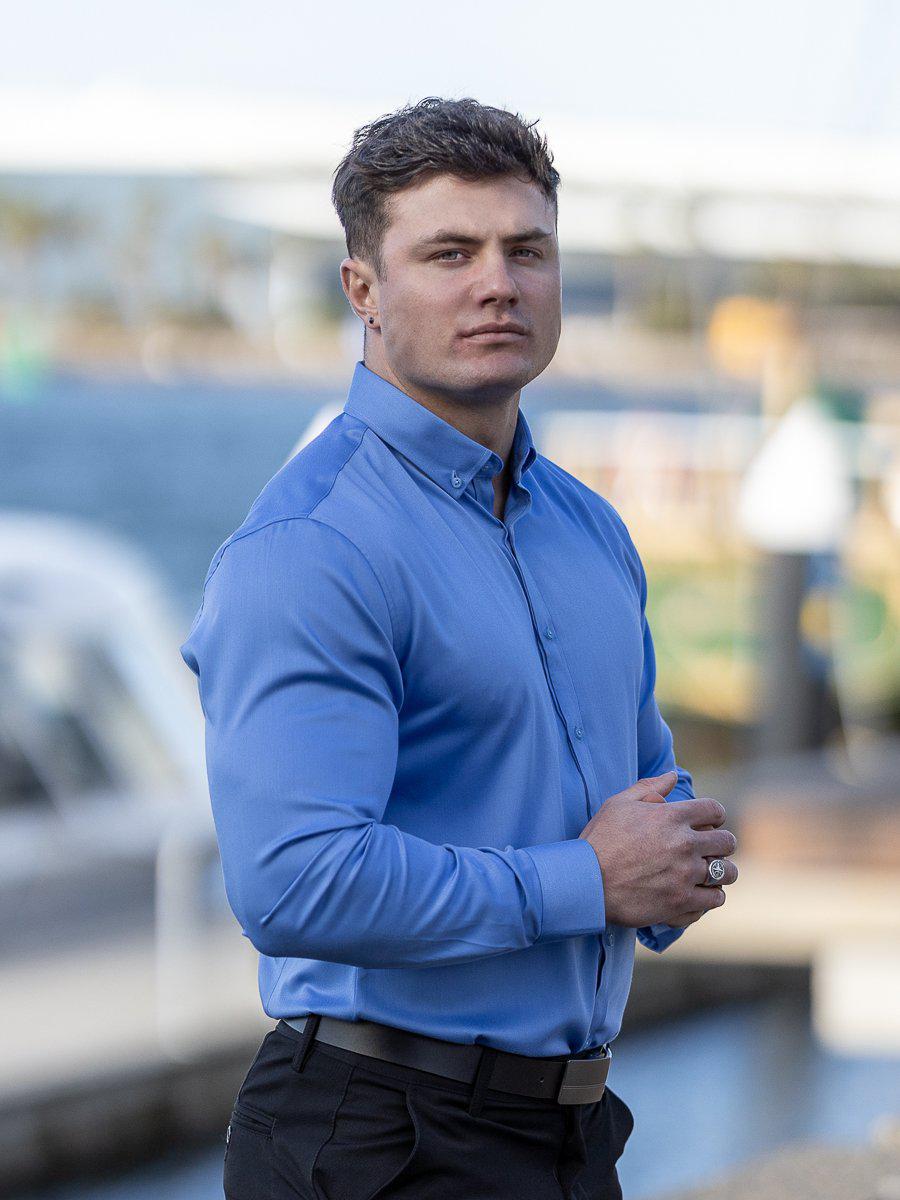 Return Sale - Bamboo Satin Stretch Shirt - Cobalt Blue - Kojo Fit