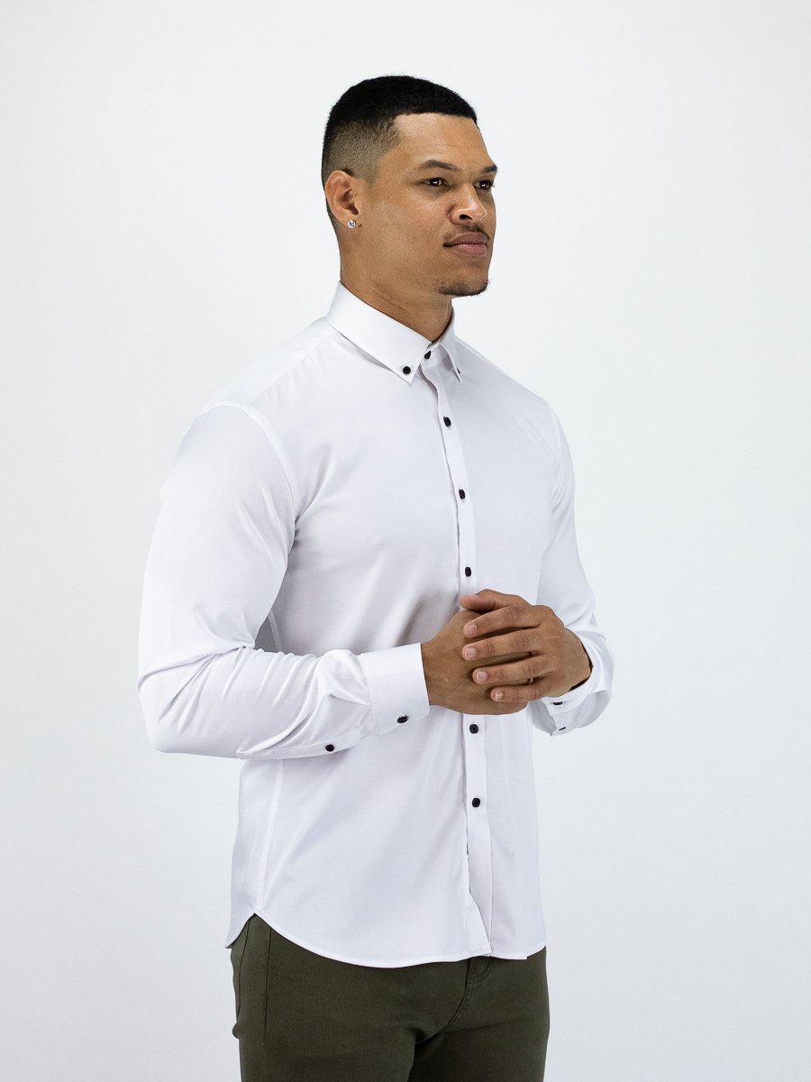 Return Sale - Bamboo Satin Stretch Shirt - White Contrast - Kojo Fit