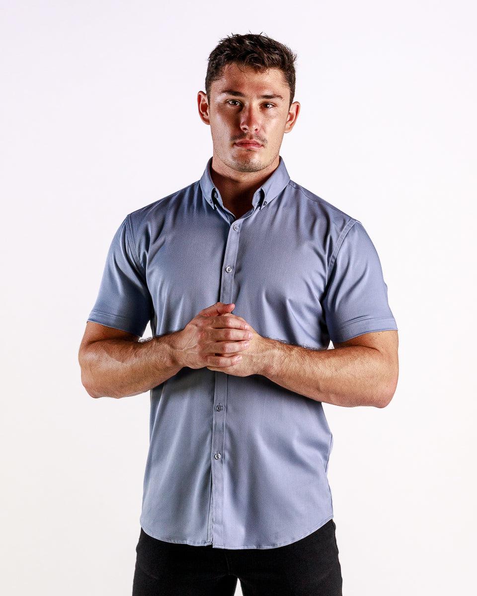 Return Sale - Bamboo Satin Stretch Short Sleeve Shirt - Silver - Kojo Fit