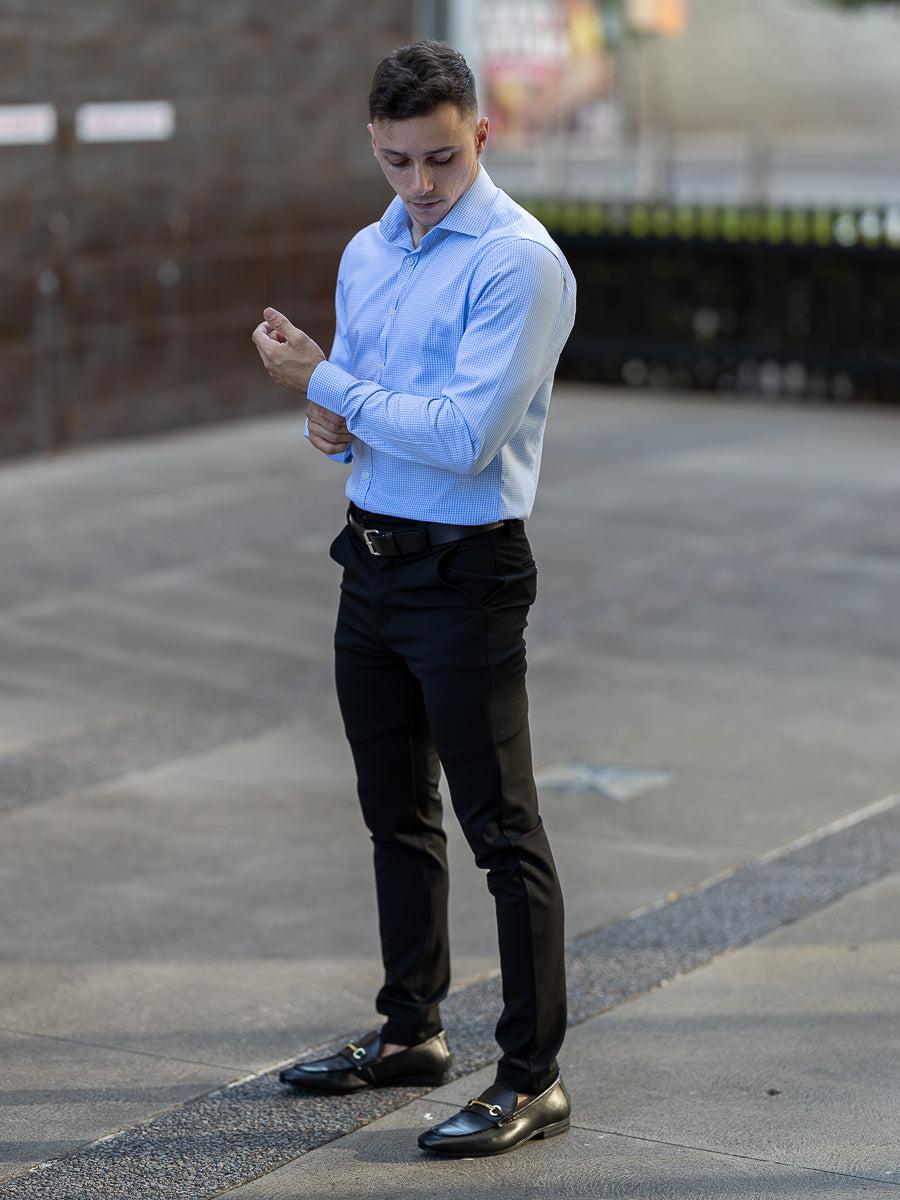 Performance Bamboo Dress Shirt - Light Blue Gingham - Kojo Fit