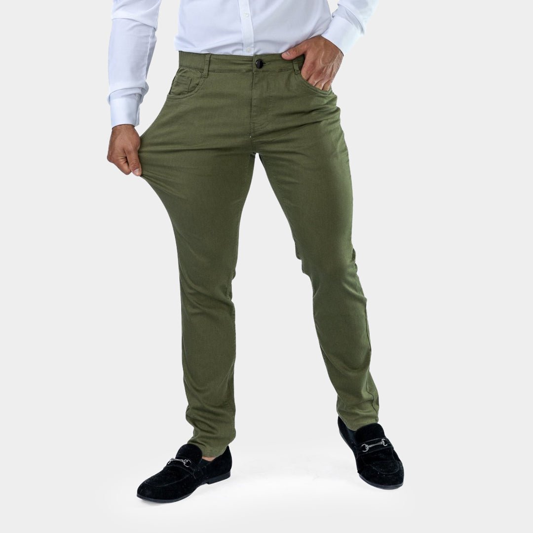 Mens Olive Green Slim Fit Stretch Trousers | Kojo – Kojo Fit