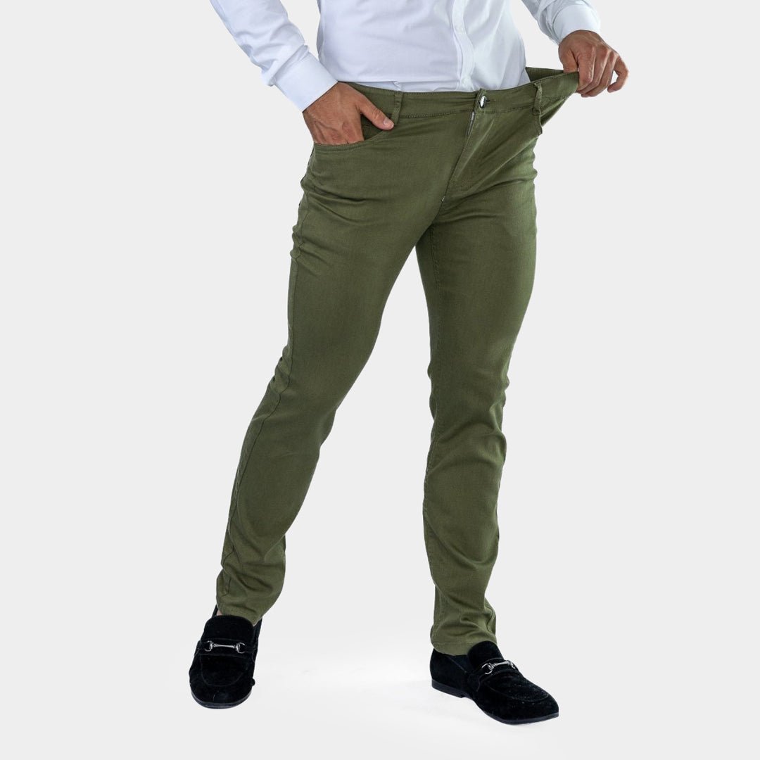Mens Olive Green Slim Fit Stretch Trousers | Kojo – Kojo Fit