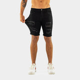 Mens Ripped Black Stretch Denim Shorts