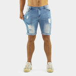 Mens Blue Distressed Denim Shorts with Stretch