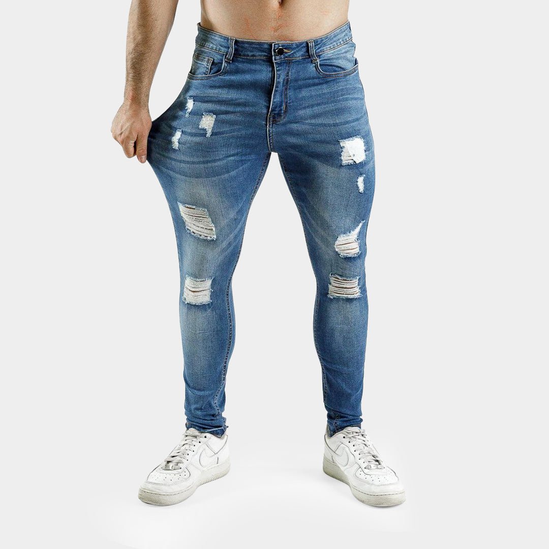 Mens Blue Ripped and Repaired Muscle Fit Jeans 