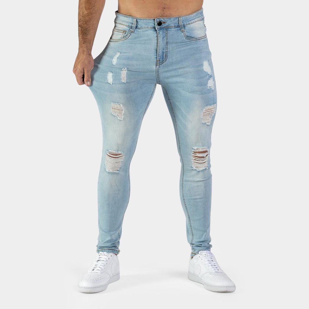 Stretch Light Blue distressed mens jeans